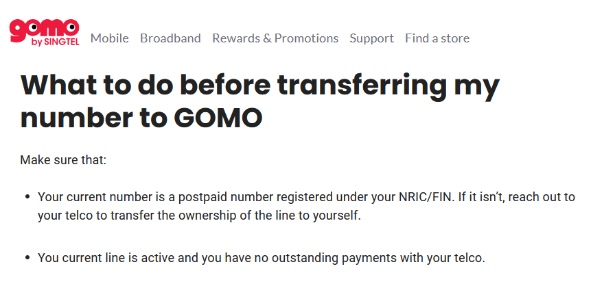 Gomo support page listing requirements before transferring a number to Gomo