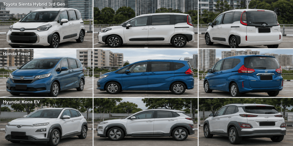 Front, side, and rear views of the Toyota Sienta Hybrid 3rd Gen, Honda Freed, and Hyundai Kona EV available on GetGo