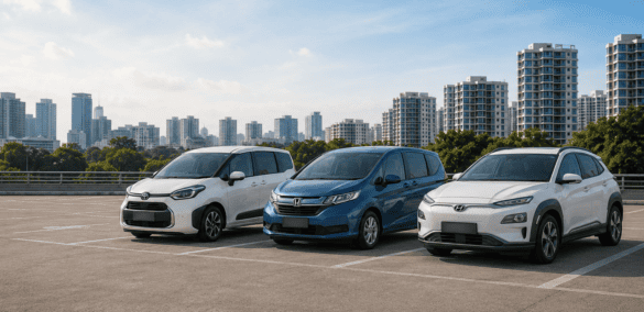 Toyota Sienta, Honda Freed, and Hyundai Kona EV parked side by side, three of the best GetGo cars for family trips in Singapore