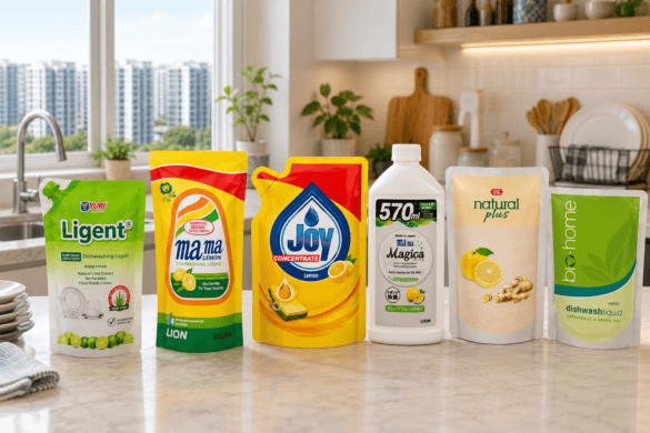 Four dishwashing liquid brands — Joy Concentrate, Mama Magica, UIC Natural Plus, and Bio-Home — lined up on a Singapore kitchen counter for a best value concentrated dishwashing liquid comparison