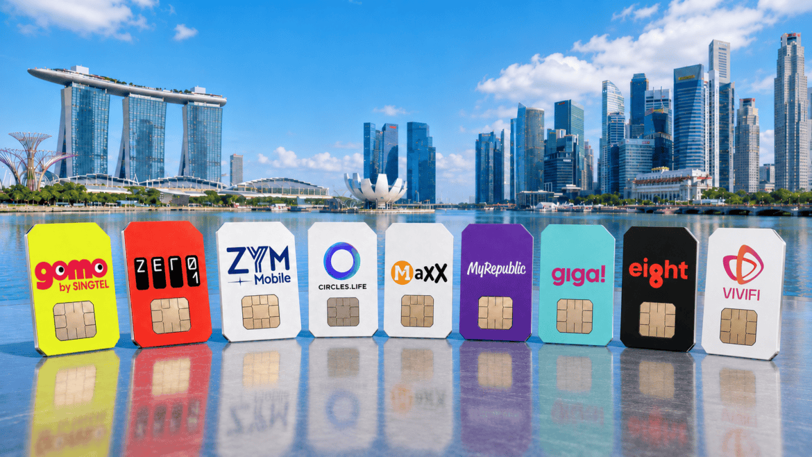 SIM cards from Gomo, Zero1, ZYM Mobile, Circles.life, Maxx, MyRepublic, giga, Eight Telecom and Vivifi against Singapore skyline