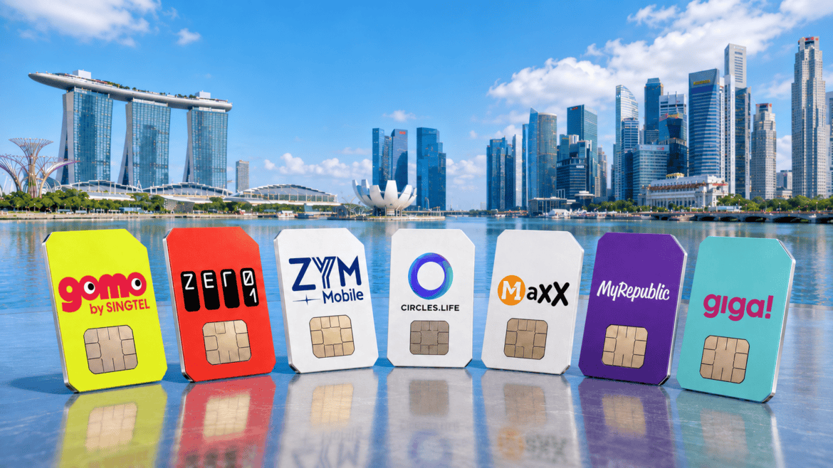 SIM cards from Gomo, Zero1, ZYM Mobile, Circles.life, Maxx, MyRepublic and giga against Singapore skyline
