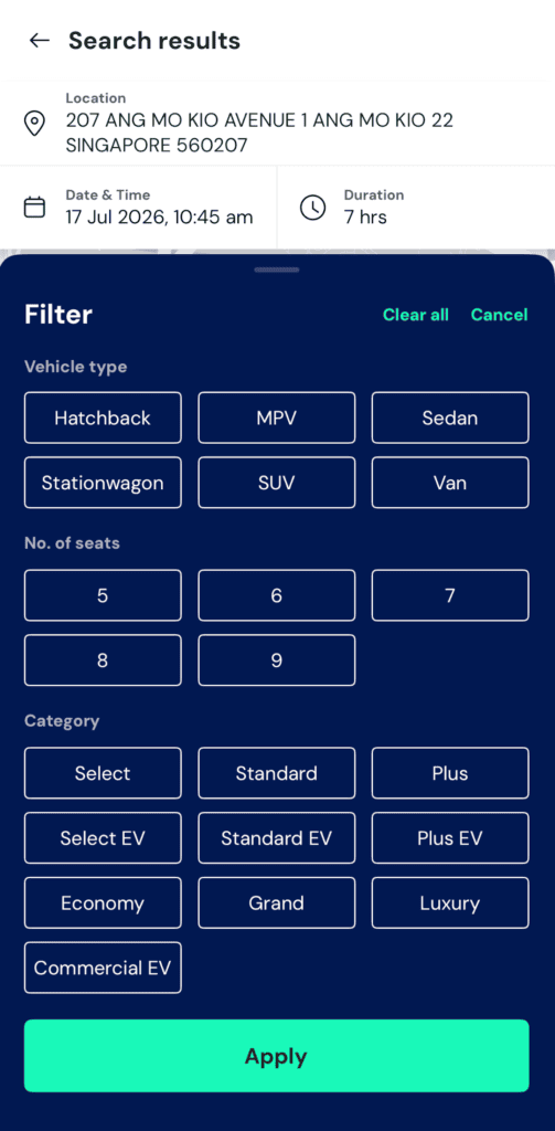 GetGo app filter screen showing vehicle categories including Select, Standard, Plus, Grand, and Luxury