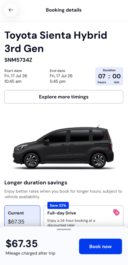 GetGo booking details screen for a Toyota Sienta Hybrid 3rd Gen