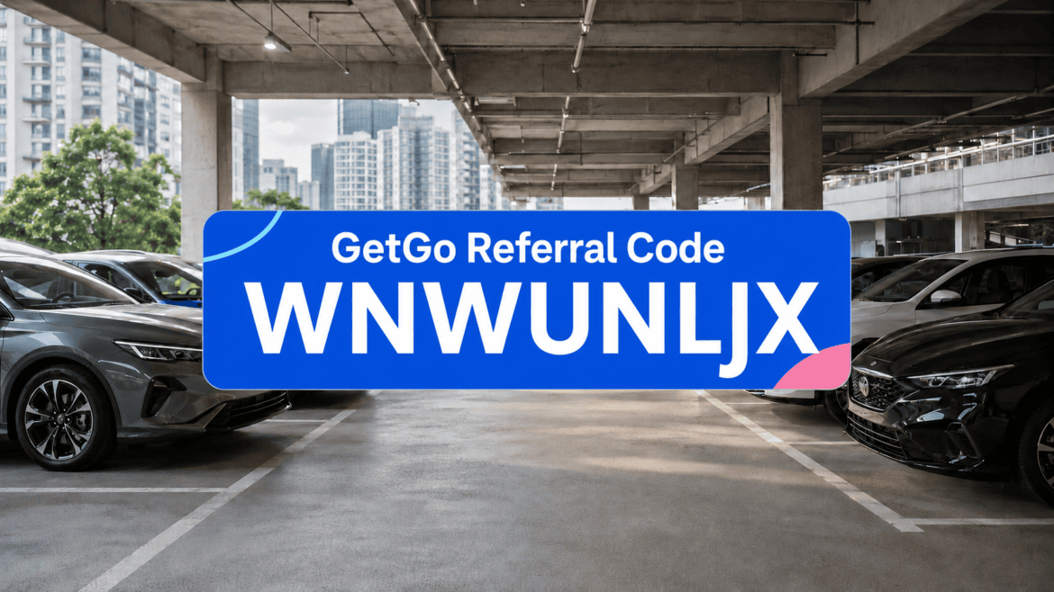 GetGo referral code WNWUNLJX displayed over a Singapore multi-storey carpark with parked cars