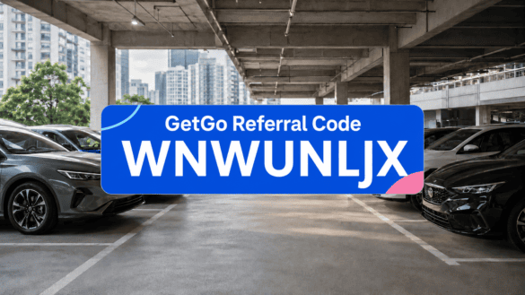 GetGo referral code WNWUNLJX displayed over a Singapore multi-storey carpark with parked cars