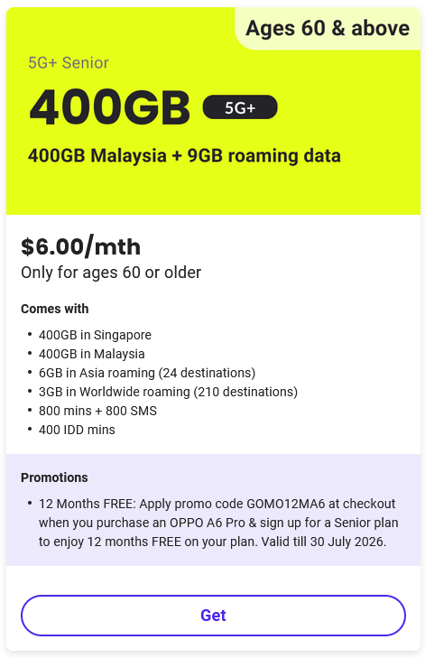 Gomo 5G+ Senior Plan details showing $6/month pricing and data inclusions