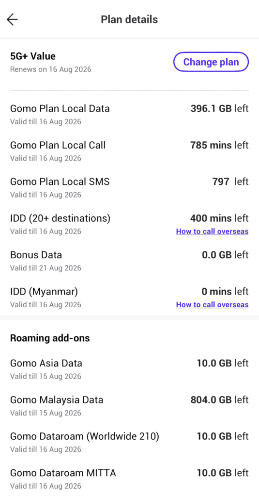 Gomo 5G+ Value plan details screen showing local data, calls, SMS and roaming allowances