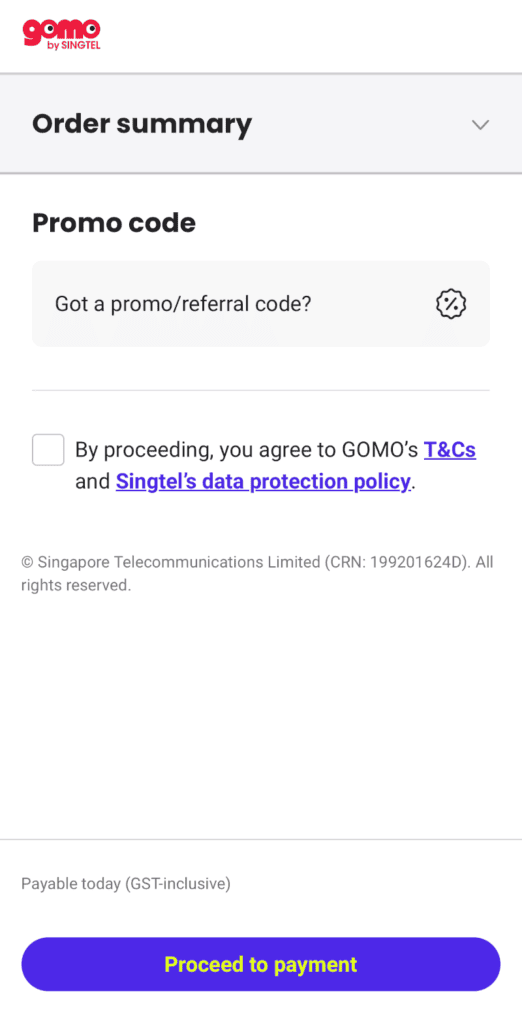 Gomo referral code field on the mobile app order summary