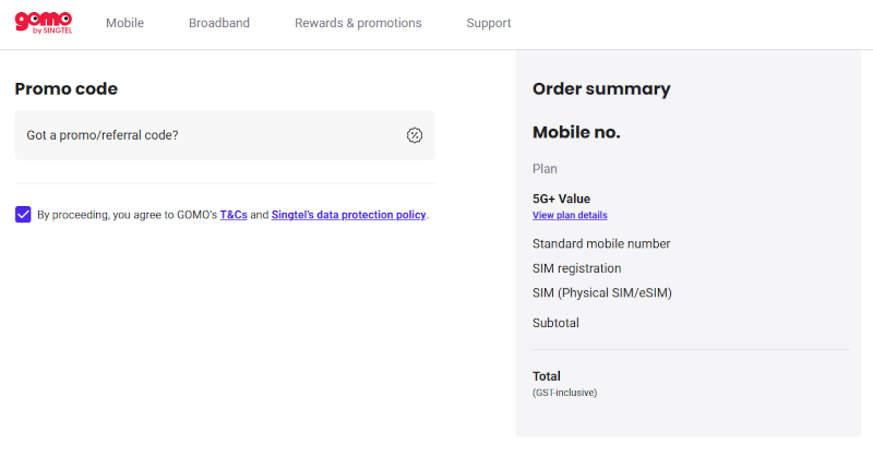 Gomo promo code field on the website checkout page