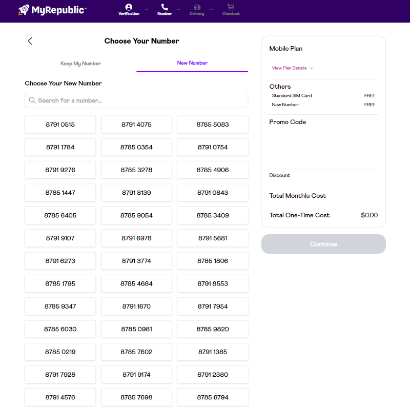 MyRepublic new number selection screen with pool of available numbers