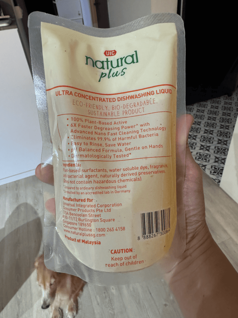UIC Natural Plus Ultra back label showing ingredients, eco-friendly biodegradable claims, and product of Malaysia