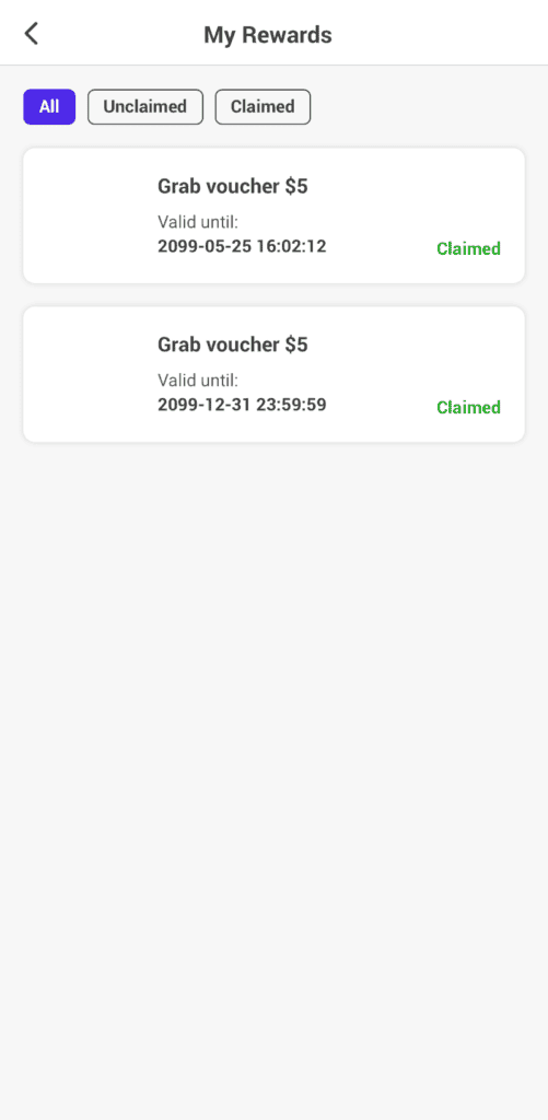 Gomo app My Rewards page showing Grab vouchers