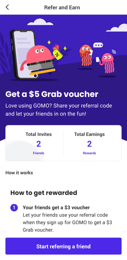 Gomo app Refer a Friend Total Earnings leading to referral vouchers