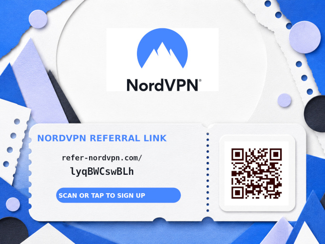 NordVPN referral link card with QR code — refer-nordvpn.com/lyqBWCswBLh, scan or tap to sign up
