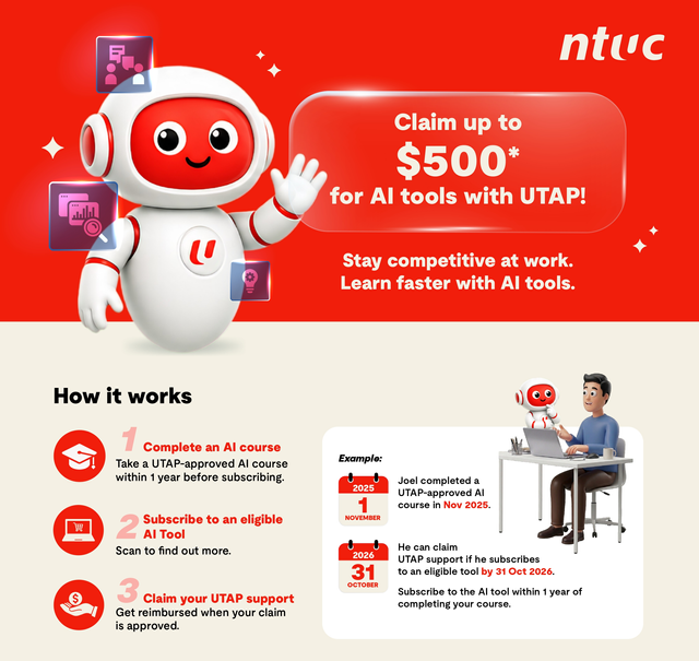NTUC UTAP AI 3-step process for claiming up to $500 for AI tool subscriptions
