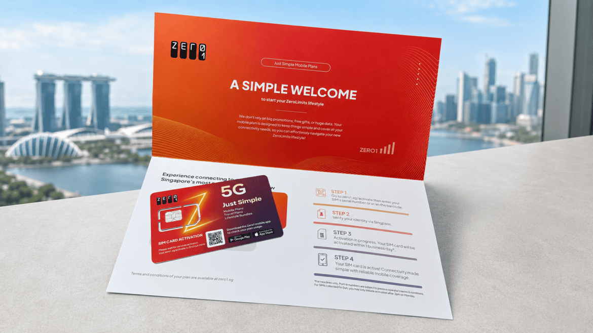 Zero1 SIM card welcome kit with activation steps against Singapore skyline