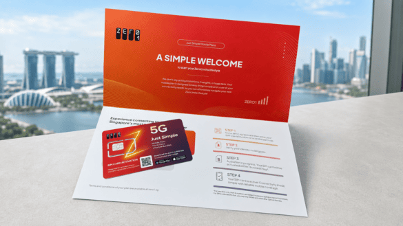 Zero1 SIM card welcome kit with activation steps against Singapore skyline