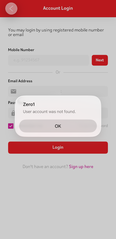 Zero1 app Account Login screen showing "User account was not found" error caused by email casing mismatch