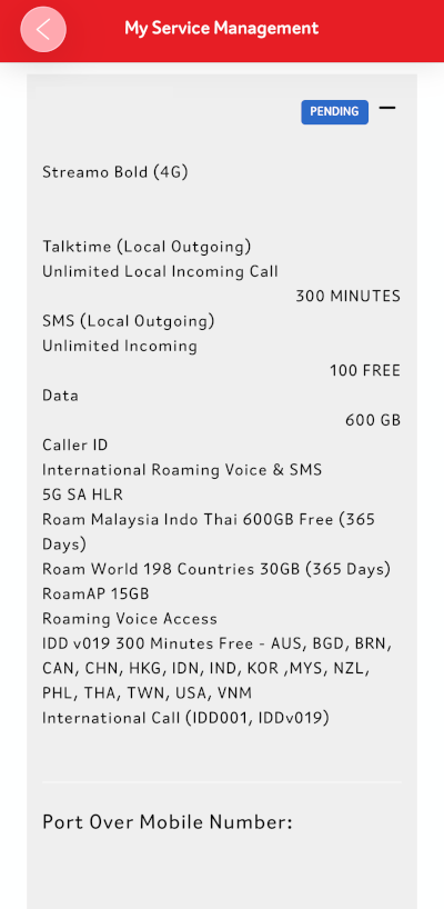 Zero1 app My Service Management page showing pending Streamo Bold plan and port-in status