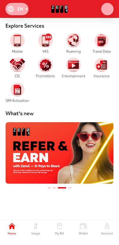Zero1 app home screen showing Explore Services menu with SIM Activation option