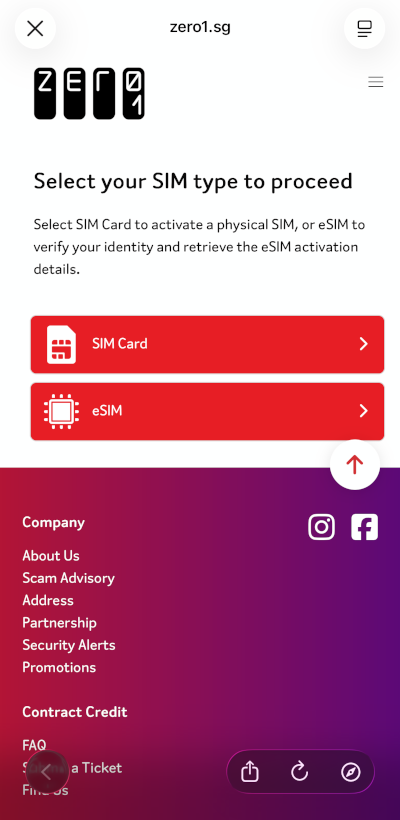 Zero1 SIM activation screen asking to select SIM Card or eSIM
