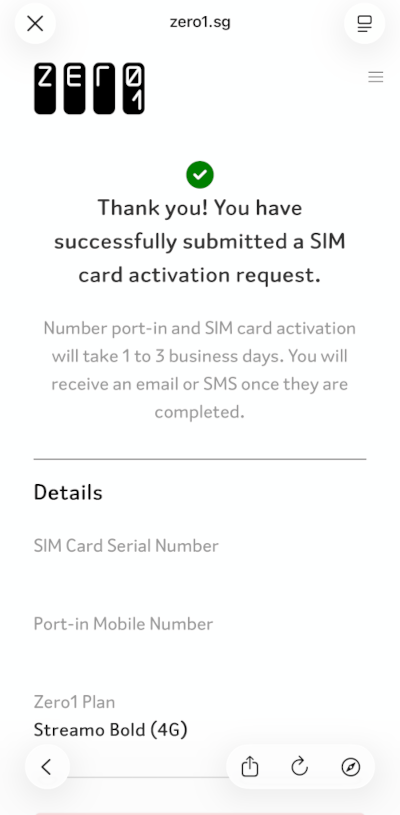 Zero1 SIM card activation confirmation screen showing successful submission