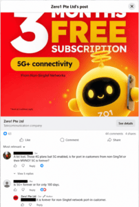 Zero1 Facebook post comments confirming permanent 5G+ for non-Singtel port-in customers