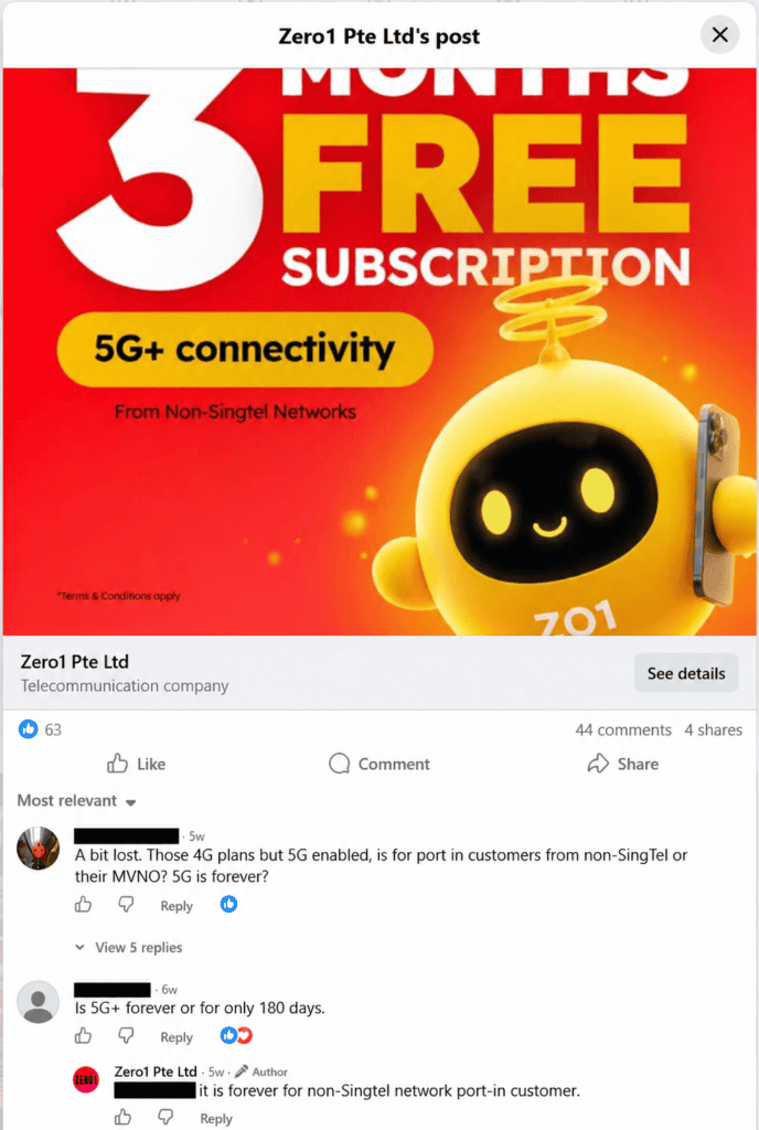 Zero1 Facebook post comments confirming permanent 5G+ for non-Singtel port-in customers