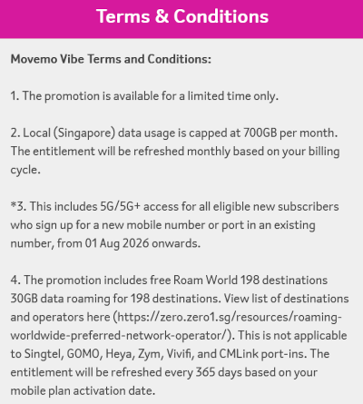Zero1 Movemo Vibe terms and conditions showing 5G+ eligibility and limited-time promotion clause