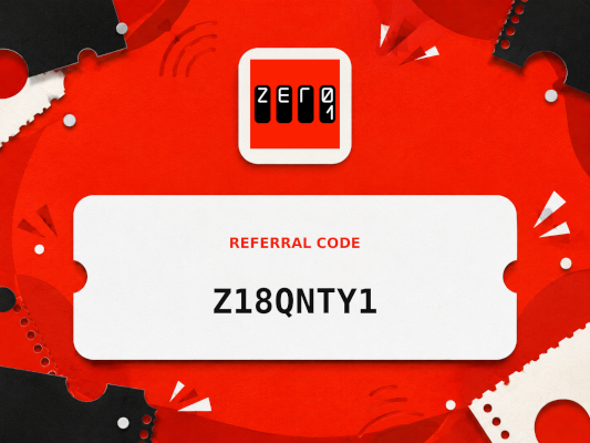 Zero1 referral code Z18QNTY1 ticket-style graphic