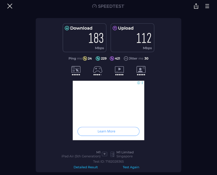 ZTE U30 Pro speed test: Circles.life SIM (M1 network) tested on M1 server, 183 Mbps download 112 Mbps upload