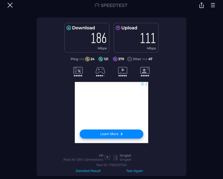 ZTE U30 Pro speed test: Circles.life SIM (M1 network) tested on Singtel server, 186 Mbps download 111 Mbps upload