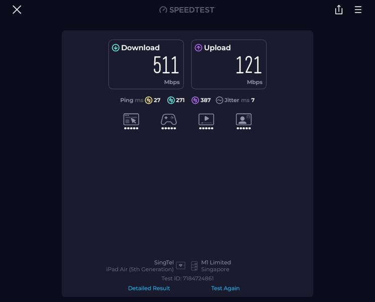ZTE U30 Pro speed test: Zero1 SIM (Singtel network) tested on M1 server, 511 Mbps download 121 Mbps upload