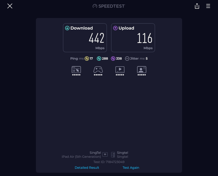 ZTE U30 Pro speed test: Zero1 SIM (Singtel network) tested on Singtel server, 442 Mbps download 116 Mbps upload