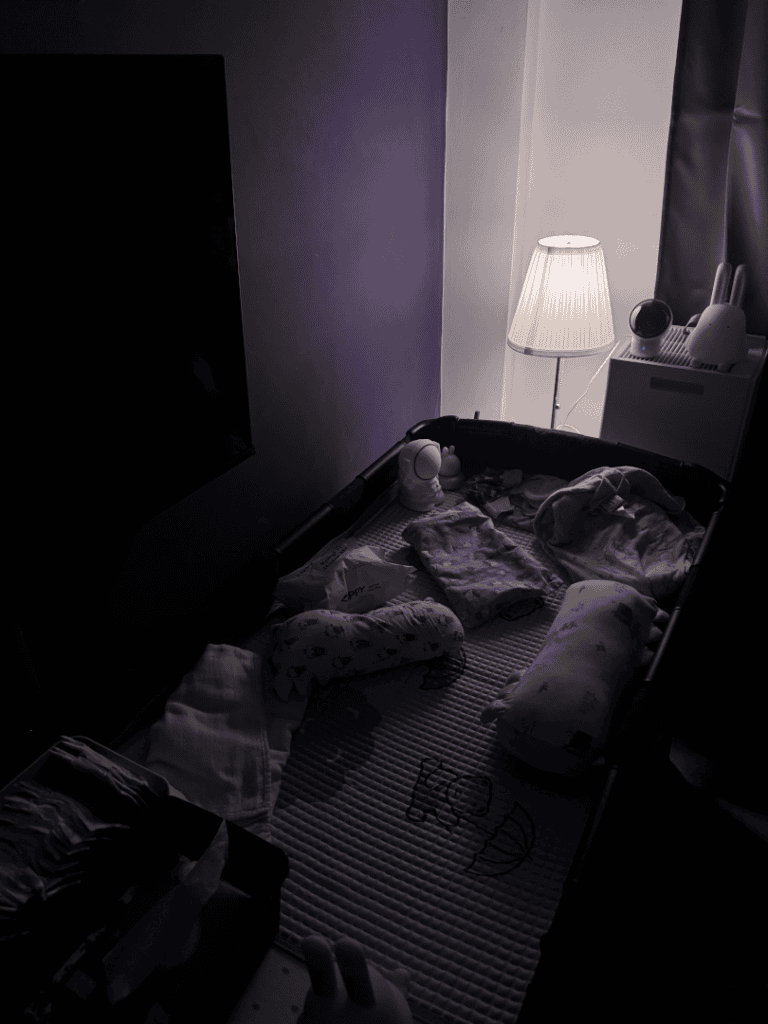 IKEA Årstid lamp with Tapo L530E turned up brighter for diaper changing, lighting up a baby cot at night