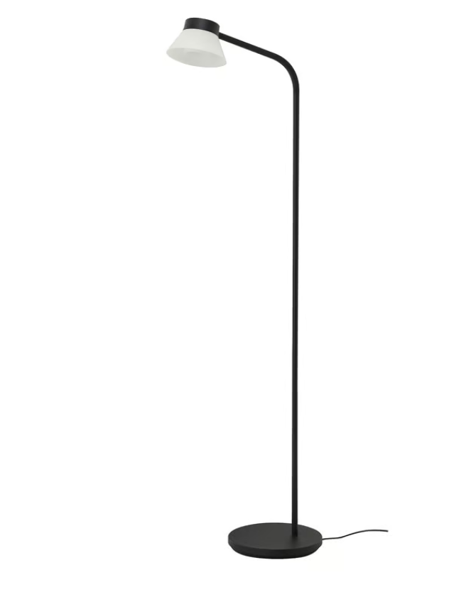 IKEA Sambord black floor/reading lamp with flexible gooseneck arm and white shade beside a sofa in a living room