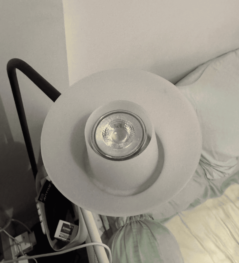 IKEA Solhetta 230 lumen 2700K GU10 LED bulb fitted in the head of an IKEA Sambord floor lamp
