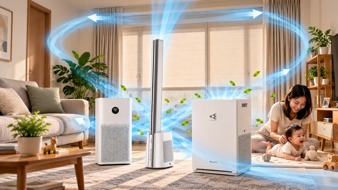 A bright living room with three air purifiers in the middle, airflow swirling around them, and a mother playing with her baby on a play mat. It illustrates an air purifier in a Singapore home during the haze.