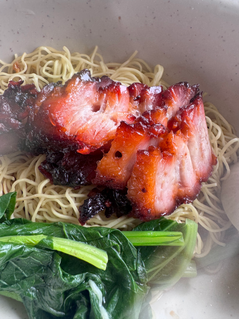 Close-up of half-lean, half-fat char siew at Chef Kang’s Noodle House with a nicely charred, caramelised edge