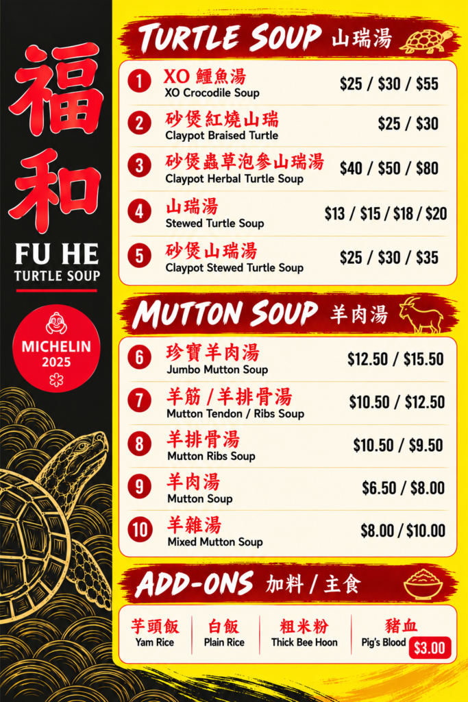 Fu He Turtle Soup menu listing turtle soups from S$13, XO crocodile soup, mutton soups, and add-ons including yam rice and pig’s blood