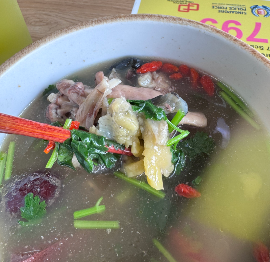 Chopsticks lifting turtle skin and meat from a bowl of herbal turtle soup
