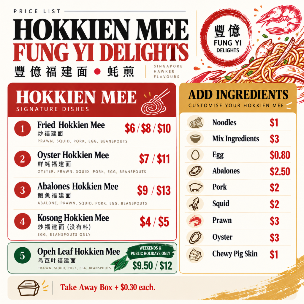 Fung Yi Delights Hokkien mee price list showing dish prices and add-on ingredient prices