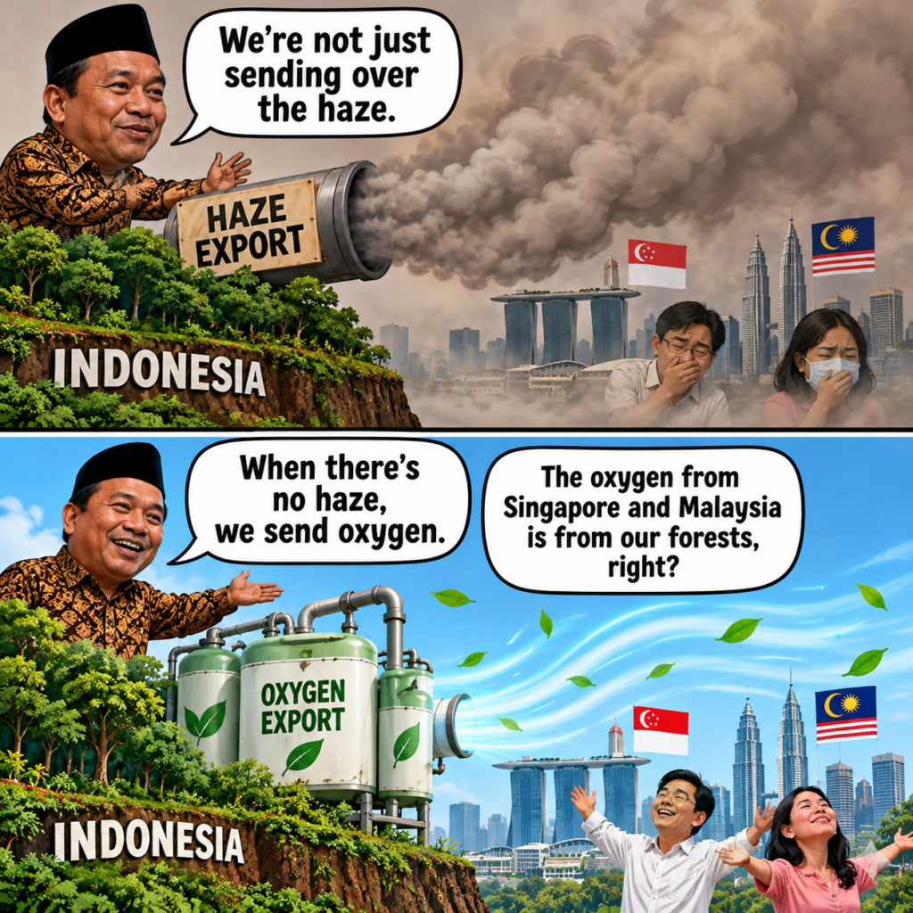 Two-panel meme. In the top panel, a cartoon Indonesian official points a “Haze Export” pipe at a smoggy Singapore and Kuala Lumpur skyline while residents cover their faces. In the bottom panel, he points an “Oxygen Export” tank at clear blue skies and says, “When there’s no haze, we send oxygen.”