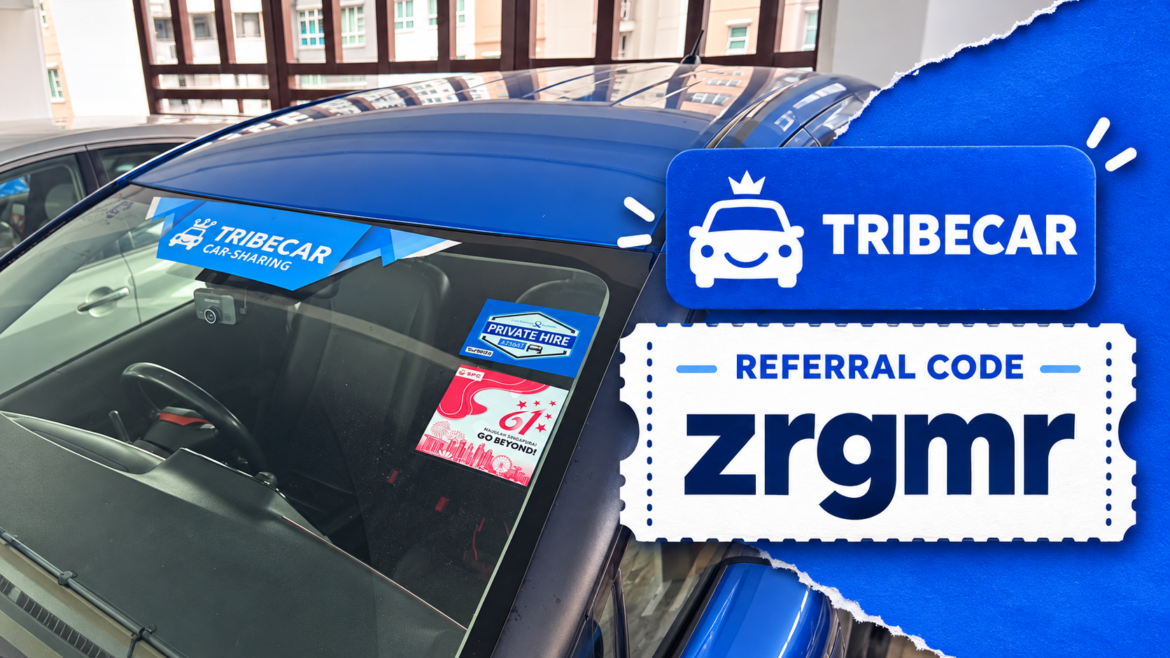 Tribecar referral code zrgmr shown beside a blue Tribecar car-sharing Toyota Sienta